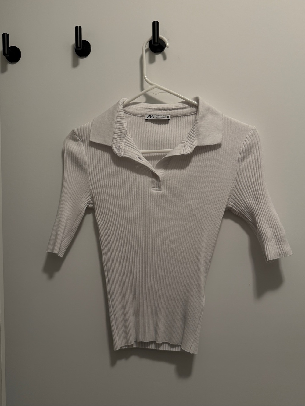 ZARA White Ribbed Polo Knit Top